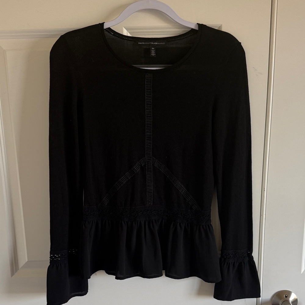 White House Black Market Black Boho Peplum Sweater Blouse Lace Ruffle Detail XS